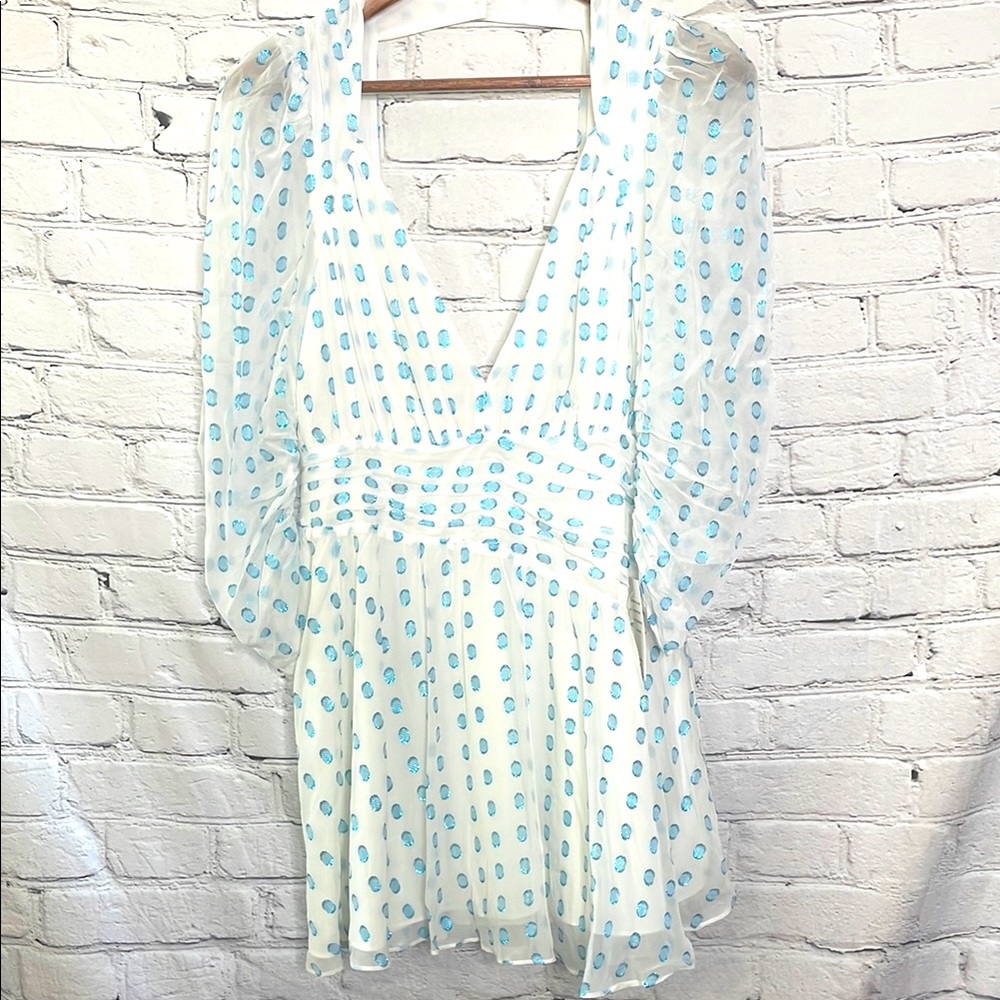 For Love & Lemons Deep Plunge White & Blue Metallic Dress Size Medium Brand New